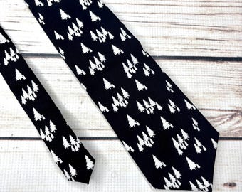 Black and white forest necktie, Alpine trees tie, silhouette woods, pine forest, forest lover gift, woodland tie, Pacific Northwest