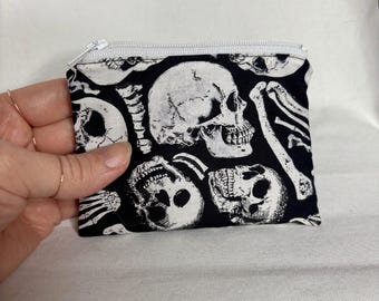 Human bones zipper pouch, skull wallet, coin purse, black and white