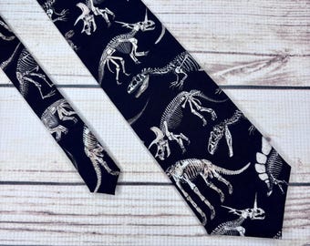 Dinosaur necktie, paleontologist gift, prehistoric tie, black and cream