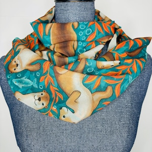 Otter Scarf, infinity scarf, chiffon, Otter lover gift, swimming otter, ocean scarf, otter gifts, cute otters, ocean animal, otter art scarf