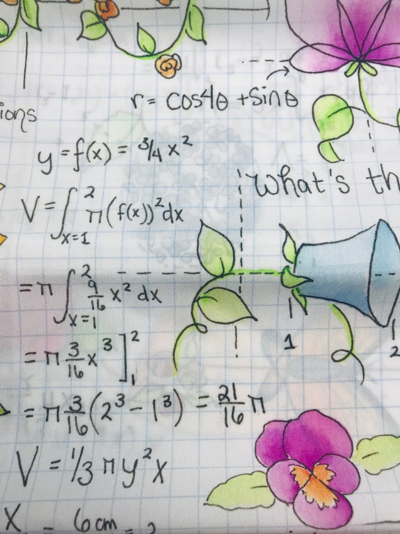 Op de afbeelding: Een handgeschreven pagina met wiskundige vergelijkingen met een bloemenontwerp. De vergelijkingen omvatten goniometrische functies, integralen en volumeberekeningen. De bloemen zijn in aquarel getekend en omvatten paarse, blauwe en gele bloemen met groene bladeren.