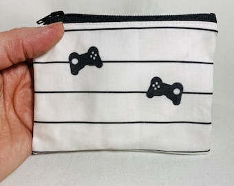 Video game zipper pouch, pinstripe card wallet, black and white coin purse, game controler coin wallet, video games coin pouch