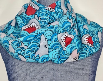 Shark scarf, Shark Bite Scarf, Shark gift, Chiffon Infinity scarf, Shark accessory, Shark fin, shark teeth, great wave ocean scarf