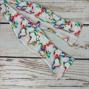 May include: A white bow tie with a colorful world map pattern. The map is outlined in white and filled with rainbow colors.