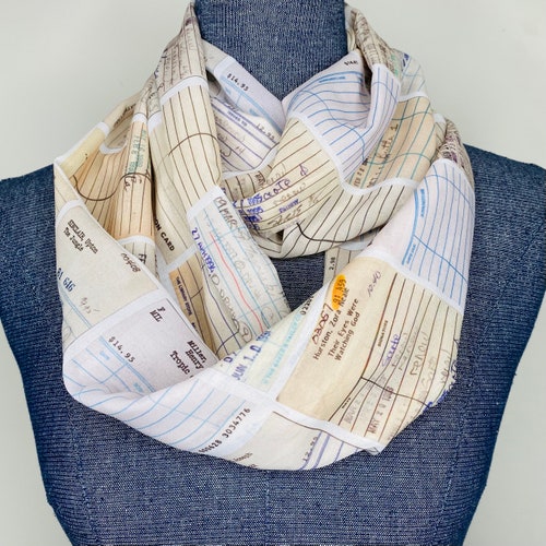 Library scarf, infinity scarf, library card, library gift, Card catalog scarf, banned books, librarian gifts, chiffon scarf, book lover gift