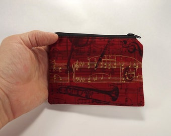 Music zipper pouch, red black music clutch, coin purse, card wallet, music gift, red gold staff, music coin purse, music purse