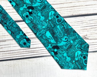 Music tie, teal music, Jazz instruments, music necktie, musician tie, musician gift, guitar accessory