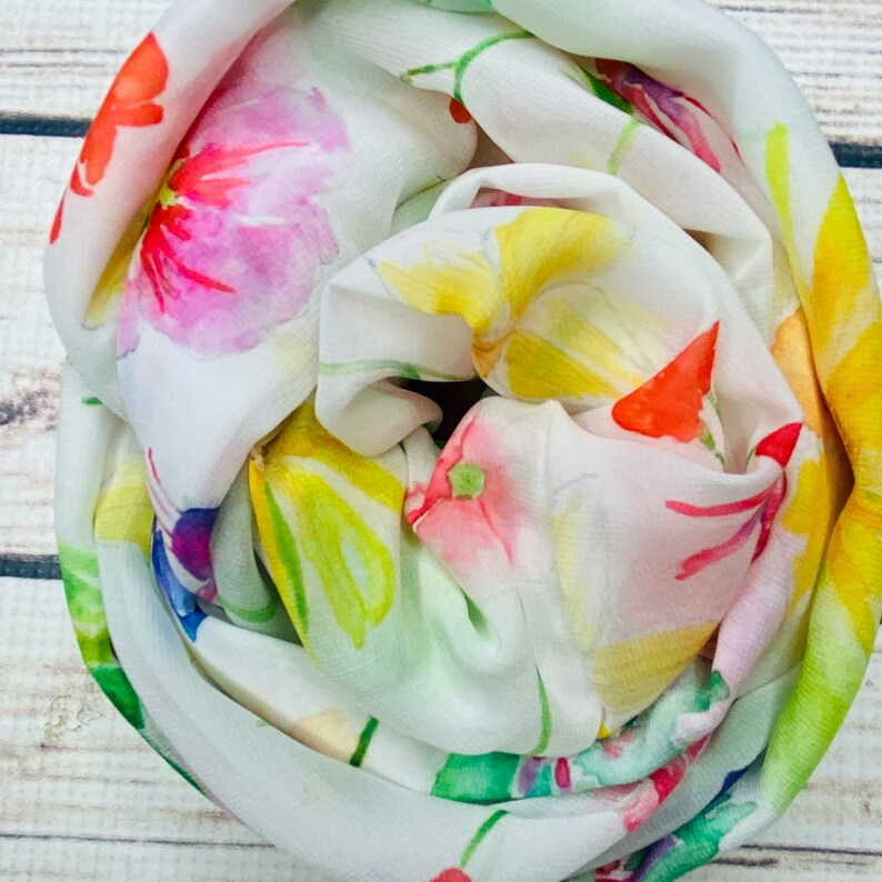 Wildflower scarf, flower garden scarf, watercolor flowers, chiffon infinity scarf, pastel floral scarf, image 5