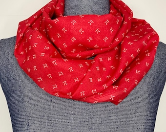 Pi scarf, Math scarf, infinity scarf, Steminist, Woman in math, chiffon scarf, Pi gift for her, math teacher gift, Apple pi, red pi scarf