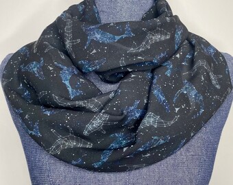 Whale Constellation scarf, Cetus stars, chiffon infinity scarf, black, blue