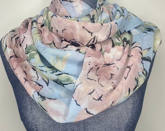 Pink Peonies scarf, Peony scarf,  Pastel Floral scarf, Sheer chiffon Infinity scarf, Large pink blooms