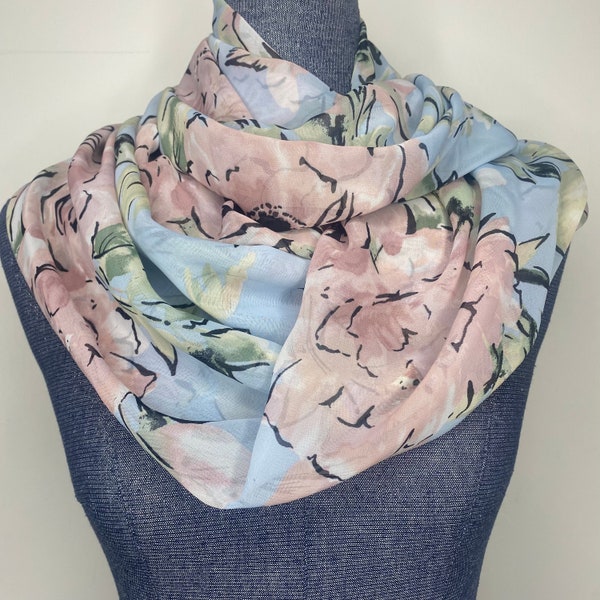 Pink Peonies scarf, Peony scarf,  Pastel Floral scarf, Sheer chiffon Infinity scarf, Large pink blooms