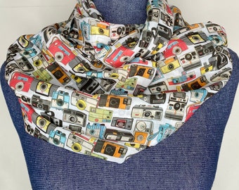 Lenço com estampa de câmera, lenço infinito para fotógrafos, acessório para fotógrafos, lenço infinito vintage com estampa de câmera, lenço de chiffon leve, presente para mulheres