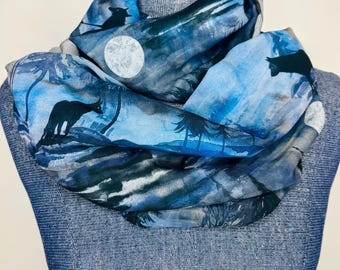 Forest wolves scarf, moonlit forest, night wolves, watercolor woods, blue and black, woodland wolves scarf, wolf lover gift, moonlight