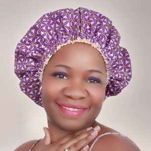 Ankara Satin Bonnets,  Large Africa Print Satin, Purple - Gold, Bonnet, Satin Cap, Sleep cap, Jazzieo Textile cap