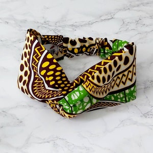 African Print Headband, Ankara Headband, Yellow, Brown, Cream and Lime Green pattern Headband, African Head Wrap, Small Batch made in the UK
