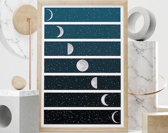Moon Phases Art Print | Galaxy Poster | Planet | Space Art | Solar System | Lunar Poster | Science Print | Universe Poster | Celestial
