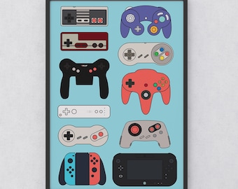 Nintendo Generations | Videogame Controllers Art Print | Games Room | Retro Minimalist | Game Console | Switch Wii Gamcube N64 NES SNES