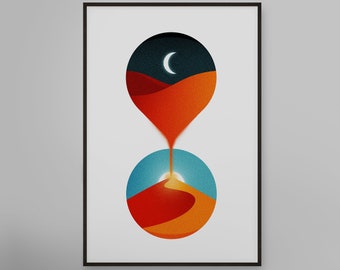 Sands of Time Art Print | Hourglass Poster | Desert | Moon | Sun | Landscape | Surreal | Planet | Sand | Dusk | Dawn | Day + Night