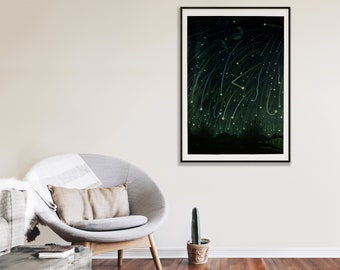 Meteor Shower Vintage Illustration Art Print | Living Room Poster | Galaxy Home Decor | Vintage Celestial Wall Art | Space Home Decor