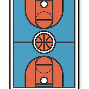 May include: A framed print featuring a stylized basketball court design. The court is rendered in orange, blue, and white, with a basketball at the center. The word "Basketball" is printed at the bottom.