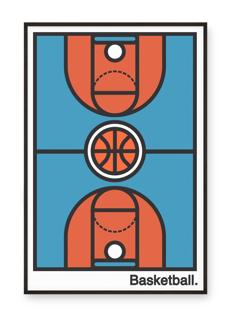 May include: A framed print featuring a stylized basketball court design. The court is rendered in orange, blue, and white, with a basketball at the center. The word "Basketball" is printed at the bottom.