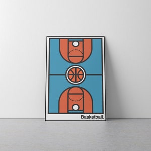 May include: A framed poster featuring a minimalist illustration of a basketball court. The court is rendered in shades of blue and orange, with a basketball at the center. The word "Basketball" is printed at the bottom.