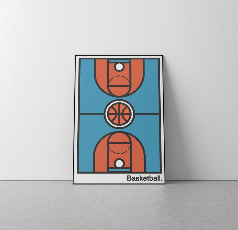 May include: A framed poster featuring a minimalist illustration of a basketball court. The court is rendered in shades of blue and orange, with a basketball at the center. The word "Basketball" is printed at the bottom.