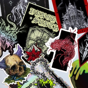 Lot de 5 autocollants fléaux coeur drippy foncé holographique amour vinyle imperméable fantasmagorique babe art gothique, vert gothique, têtes de mort, cathédrale, horreur