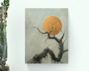 Moon Art Acrylic Gold Leaf Original Art 11x14  - Painting Canvas Fantasy Art Nature Whimsical Artwork Winter Tree Branch