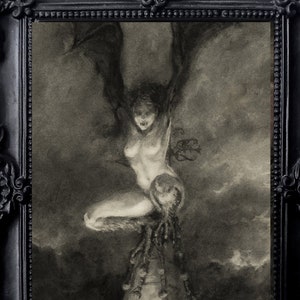 Gargoyle Harpy Demon Girl Dark Art 5x7 Gothic Horror Charcoal Drawing Church Spire Night Vampire Bat Woman