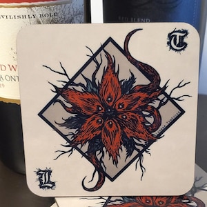 Dark Flower Art Coaster Gothic Illustration Red and Cream Branches Goth Coasters Ink Drawing