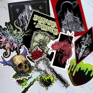 Sticker Mix Pack of 5 Mystery Waterproof Vinyl Holographic Decal Crystal Skeleton Dark Gothic Illustration Digital Art Painting Skull