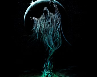 Moon Reaper - 11x14 12x16 - Gothic Prints Death Grim Sense Zeichnung Druck Death Metal Art dunkel Illustration - Wüstengeist - Verhüllte Figur
