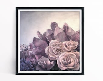 Rose Quartz Crystal Print Floral Art Acrylic Painting Square Contemporary 8x8 12x12 Giclee