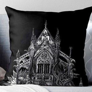 Gothic Cathedral Pillow Case: Dark Art Illustration, Black and White (18 inch)
