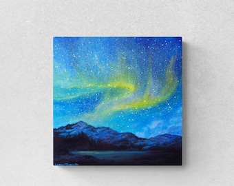 Cosmic Acrylic Painting 'Boreal Magic' Aurora Borealis Northern Lights Stars Milky Way Galaxy Mountains Original Art 12x12