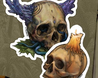 Skull Sticker 3-Pack Vinyl Decal Crystal Skeleton Dark Gothic Illustration Digital Art Painting Candle Amethyst Skulls