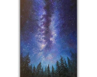May include: An original painting of a night sky with a vibrant Milky Way and a dark forest silhouette. The artwork features a deep blue and purple color palette with white and yellow highlights, creating a celestial scene.