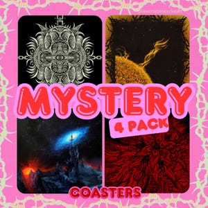 MYSTERY Coaster Pack of 4 |  Gothic Flowers | Art Coasters | Abstract Illustration Dark Red and Black Goth Coasters Drawing Cosmic Horror