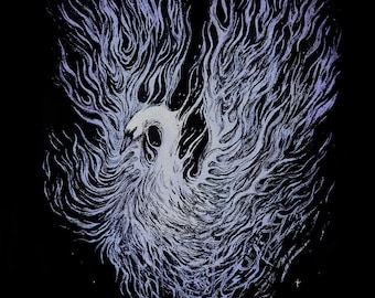 Song of Rebirth Swan Phoenix 5x7 Poster Print Dark Ink Gothic Drawing Black and White Blue Bird Swans Emotional Art
