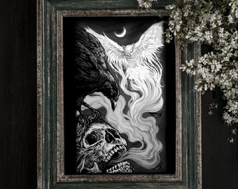 A Flock Named Murder Owl Raven Skull 8x10 Gothic Prints Ink Drawing Print Death Metal Art Dark Illustration Spiritual