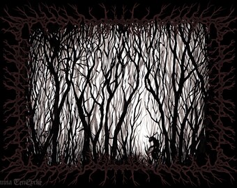 Wendigo Woods 5x7 Horror Cryptid Forest Dark Nature Drawing Poster Trees Print