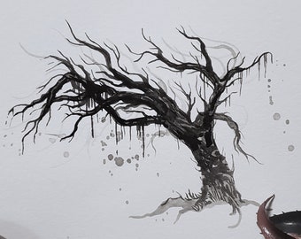 Ink Painting Tree Original Dripping Watercolour Creepy Inktober Dark Original Art Gothic Painting Forest
