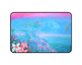 Elysian Strand Vibrant  Desk Mat Fantasy Painting Ocean Moon Psychedelic Flowers Paradise Tropical Island