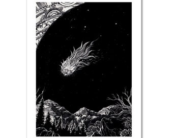 Comet Drawing Art Space Scratchboard Etching 5x7 Giclee Print Dark Surreal Psychedelic Visionary Illustration Stars Celestial Firmament