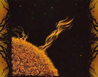 Solar Flare Fire Tornado Dark Cosmic Art print Death Metal 6x6 Surreal Abstract Poster  Illustration Orange