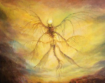 Op de afbeelding: Een abstract olieverfschilderij dat een surrealistische figuur met takachtige ledematen en vleugels afbeeldt, tegen een levendige gele en oranje lucht. Het kunstwerk roept een gevoel van fantasie en het onbekende op, met een donker, rotsachtig landschap op de voorgrond.
