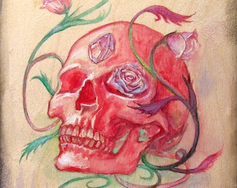 Crystal Skull Watercolor Painting: Gothic Skeleton Art on Wood
