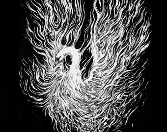 Song of Rebirth Swan Phoenix 8x10 Poster Print Dark Ink Gothic Drawing Black and White Blue Bird Swans Emotional Art